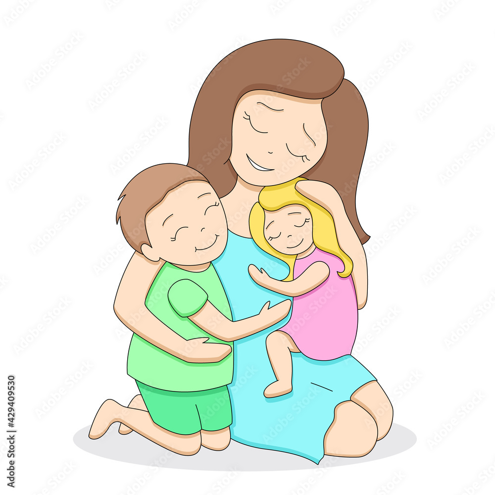 Loving tender mother with two cute happy children, teenage boy and little girl, hugging each other, pastel palette, isolated on white background, editable strokes, vector illustration Loving tender mother with two cute happy children, teenage boy and little girl, hugging each other, pastel palette, isolated on white background, editable strokes, vector illustration