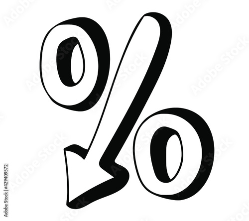 Hand drawn Percentage icon with down arrow in doodle style.  Isolated on white background.  Sales discount concept
