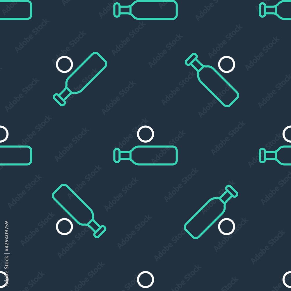 Line Wood cricket bat and ball icon isolated seamless pattern on black background. Vector Line Wood cricket bat and ball icon isolated seamless pattern on black background. Vector