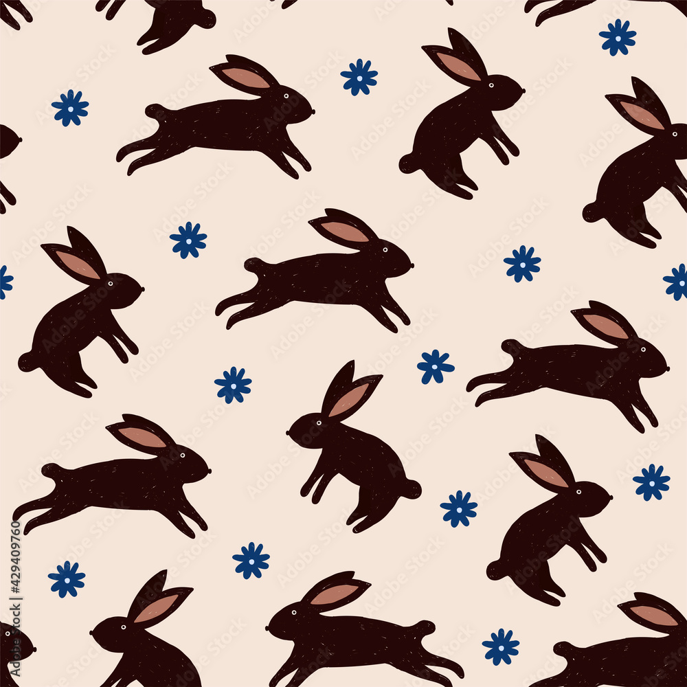 Cute pattern with rabbits or bunny and little blue flowers in hand-drawn style. For textiles, wallpapers, designer paper, etc Cute pattern with rabbits or bunny and little blue flowers in hand-drawn style. For textiles, wallpapers, designer paper, etc