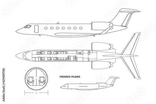 Outline private airplane bluteprint. Side and top view of business plane. Plane seats map. Drawing of commercial aircraft interior. Luxury jet industrial scheme. Passenger plan