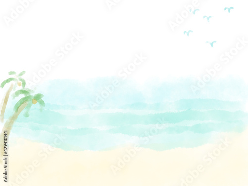 Fototapeta Naklejka Na Ścianę i Meble -  常夏アイランドのビーチと椰子の木をイメージした壁紙、水彩画のバカンスをイメージした背景