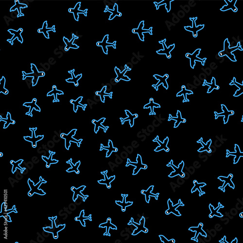 Line Plane icon isolated seamless pattern on black background. Flying airplane icon. Airliner sign. Vector