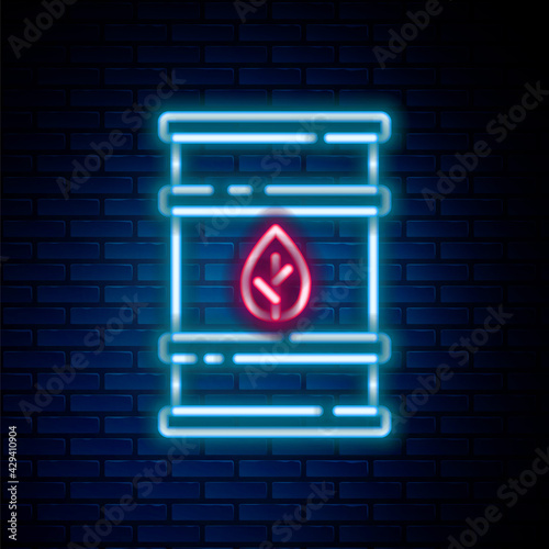 Glowing neon line Bio fuel barrel icon isolated on brick wall background. Eco bio and canister. Green environment and recycle. Colorful outline concept. Vector