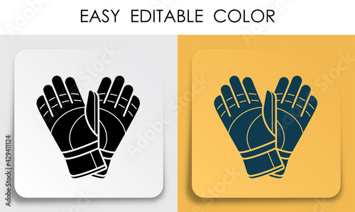 pair of soccer goalkeeper gloves icon on paper square sticker with shadow. Healthy lifestyle. Mobile app button. Vector