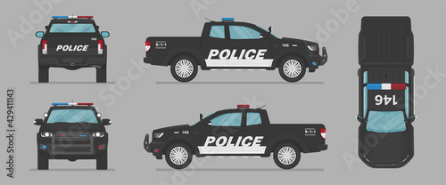 Vector pickup truck. American police car. Side view, front view, back view, top view. Cartoon flat illustration, auto for graphic and web
