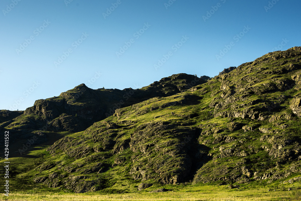 Mountain close-up. Rocky slope with green grass