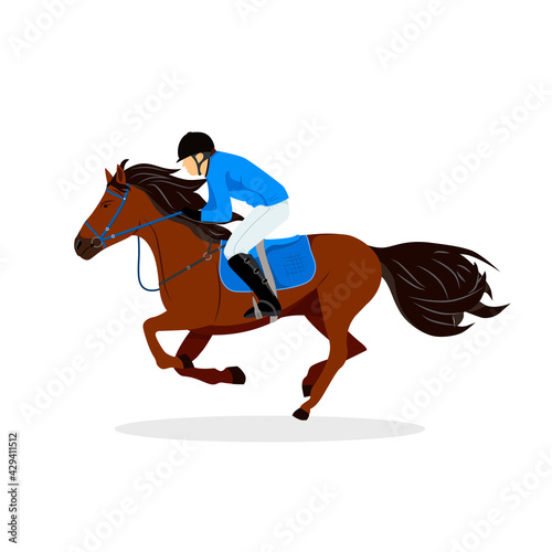 Horse with rider. Jockey on horse. Horse riding. Woman on horse. Equestrian Sport. Isolated Vector Illustration