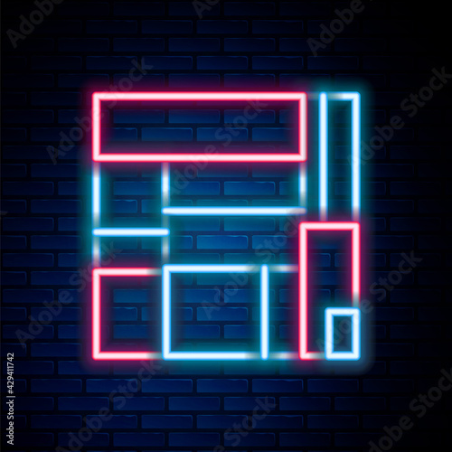 Glowing neon line House Edificio Mirador icon isolated on brick wall background. Mirador social housing by MVRDV architects in Madrid, Spain. Colorful outline concept. Vector photo