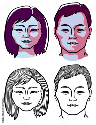Male and female faces of the people of the north. Two options: black and white line graphics and color in the style of Suprematism.