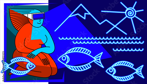 Woman in virtual reality glasses looks at the mountains, sea and fishes