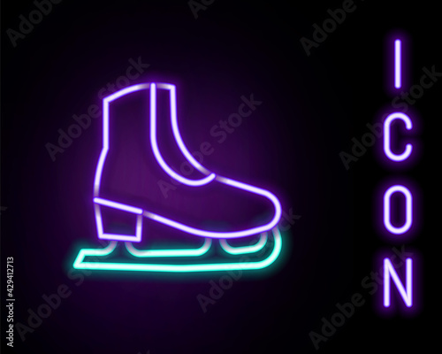 Glowing neon line Skates icon isolated on black background. Ice skate shoes icon. Sport boots with blades. Colorful outline concept. Vector