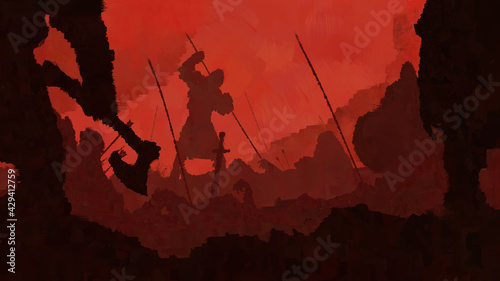 End of the battle. Vikings kill wounded warriors against the background of a bloody sky. 2D illustration. photo