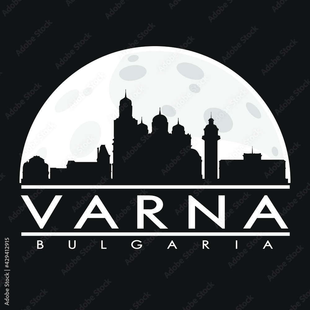 Varna Bulgaria, Full Moon Night Skyline Silhouette Design City Vector Art Illustration Background.