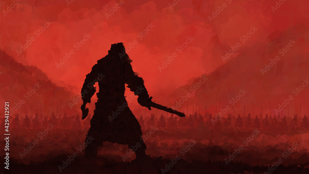 Φωτογραφία One Viking against an whole army ar ready for battle against the background of a bloody sky