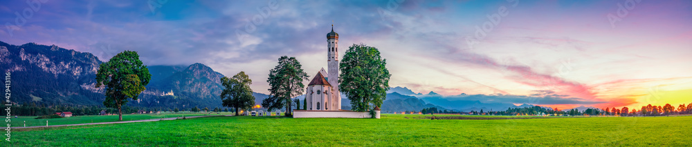 St. Coloman church in Schwangau at beautiful sunset. Bavaria, Germany