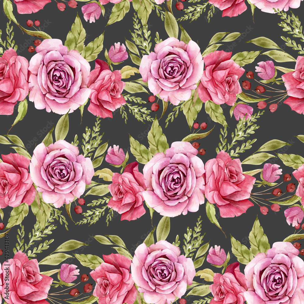 seamless pattern with delicate bouquets of roses on a dark background, hand painted watercolor illustration