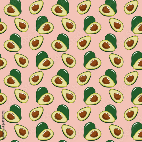 Vector seamless pattern with avocado fruit on a pink background