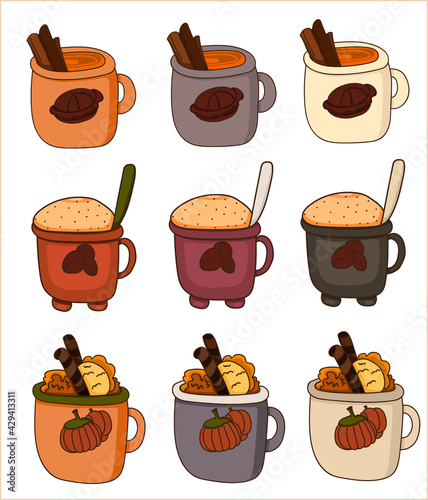 Vector illustration of Special tastes of coffee, tea, drinks in beautiful, sophisticated mugs.