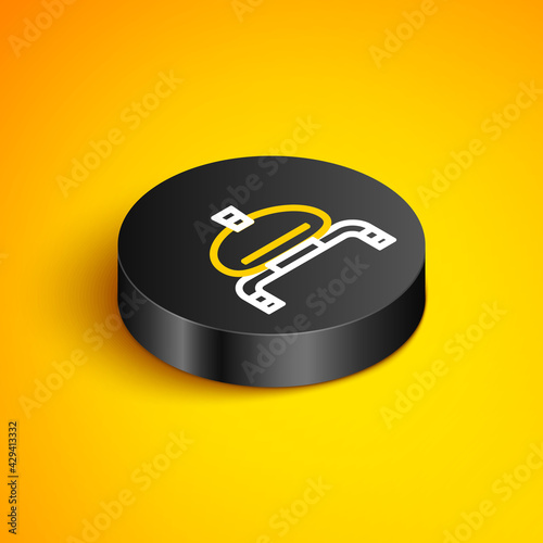 Isometric line Bread and salt on towel icon isolated on yellow background. National food loaf. Traditional ukrainian wedding bread. Black circle button. Vector