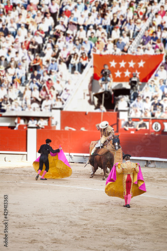 Picador en Plaza de toros en Madrid , España. Tercio de varas.