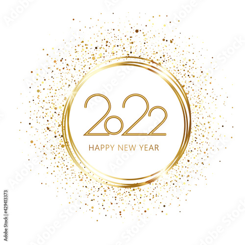 Happy new year 2022 Elegant golden text with balloons and confetti. Minimalistic vector illustration