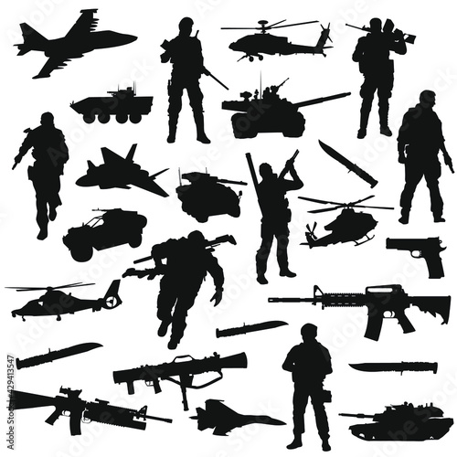Army Illustration Clip Art Design Soldier. Military Collection Silhouettes Icon Weapon.