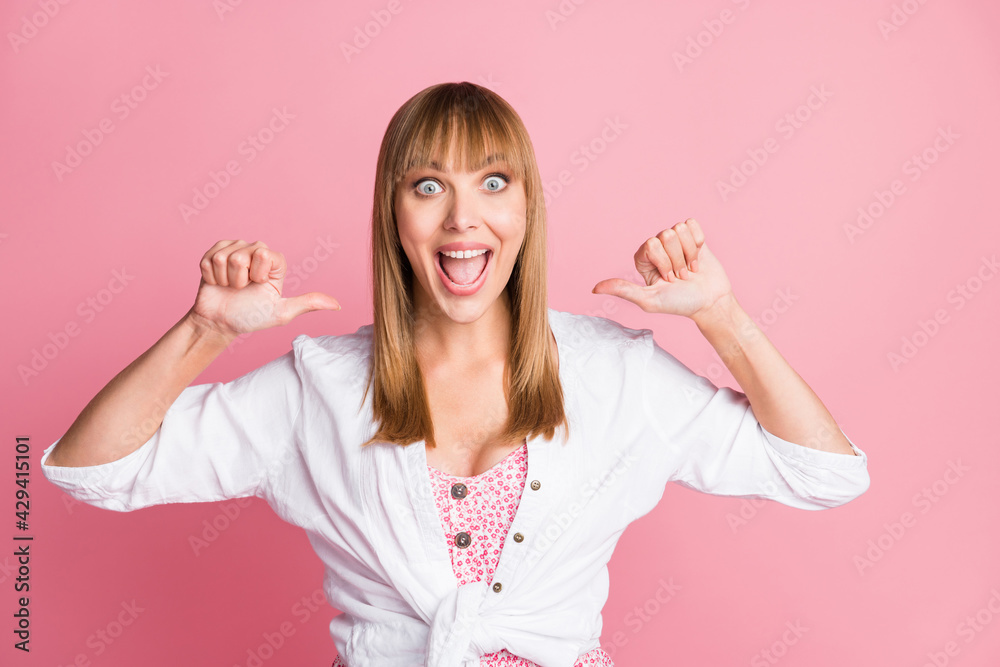 Obraz premium Photo of excited crazy lady open mouth direct thumbs herself wear white blouse isolated pink color background