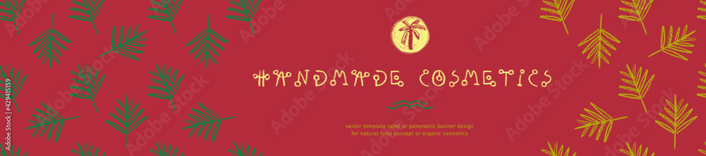 Template cosmetic label design. Palm leaf pattern for organic cream, wildly organic makeup label, panoramic banner for handmade herbal essences. Green cosmetics banner with vector tropical symbol. Template cosmetic label design. Palm leaf pattern for organic cream, wildly organic makeup label, panoramic banner for handmade herbal essences. Green cosmetics banner with vector tropical symbol.