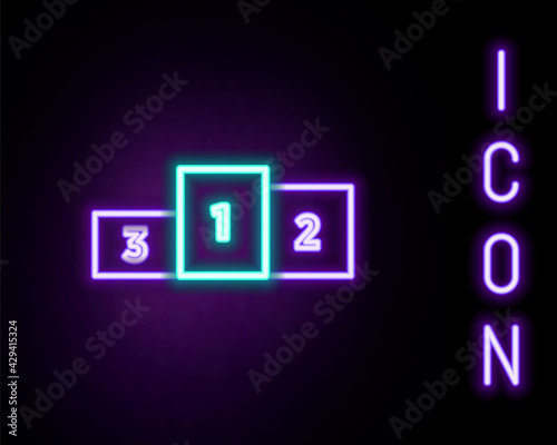 Glowing neon line Business podium icon isolated on black background. Employee nomination sign. Person award symbol. Colorful outline concept. Vector