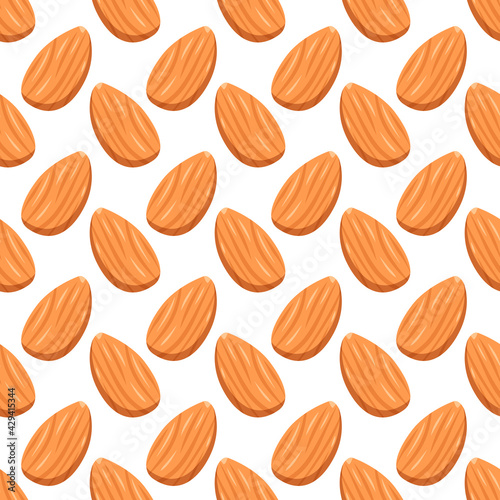 Seamless pattern with almonds. Cute print with nuts on a white background. Food and snacks icon