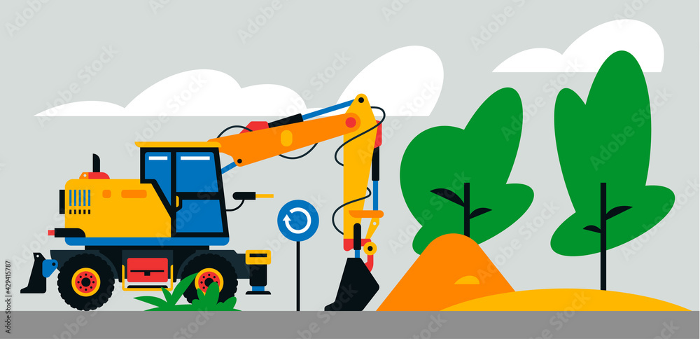 Construction machinery works at the site. Construction machinery, excavator, loader on the background of a landscape of trees, sand. Vector illustration on background