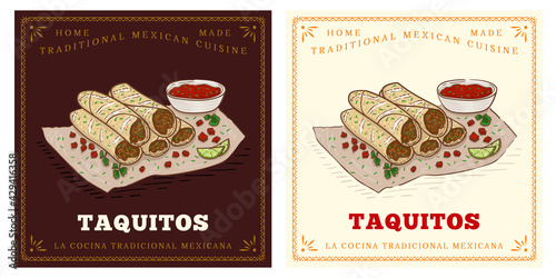 Mexican food dish taquito with sauce illustration