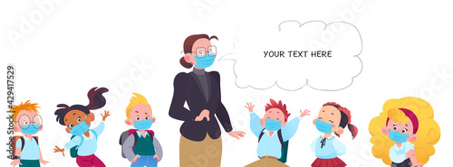Portrait of teacher and boys and girls pupils wearing face masks standing isolated. Virus protection, health care and new social distance concept. Vector flat illustration.