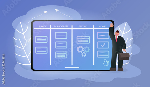 Kanban board. Manager distributes work, Office work and time management, flexible project management concept, flat illustration