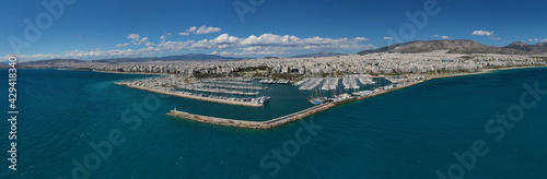 Aerial drone photo of beautiful Marina of Alimos with many luxury yachts and sail boats anchored, Athens riviera, Attica, Greece © aerial-drone