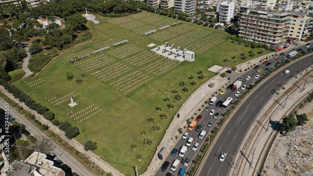 Fototapeta premium Aerial drone photo of War cemetery of fallen soldiers Commonwealth of the conquest of Greece by the Germans in 1941, Alimos, Athens, Greece