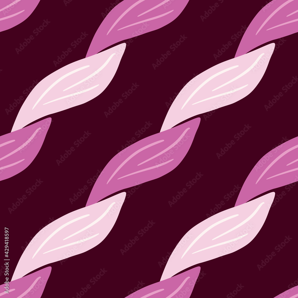 Contrast botanic seamless pattern with pink colored leaves silhouettes. Dark maroon background. Simple style.