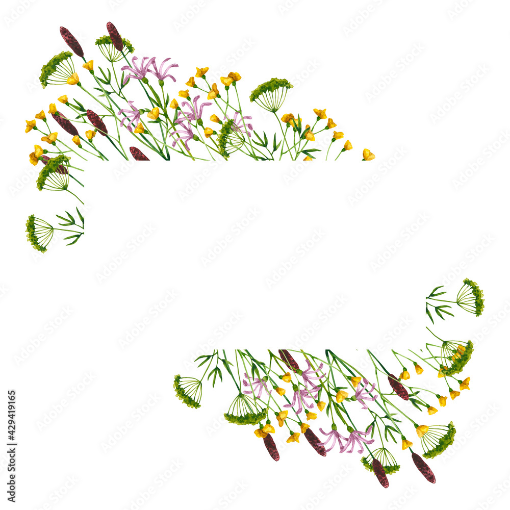 Fototapeta premium Geometric frame with watercolor wildflowers. Hand drawn illustration is isolated on white. Flowers composition is perfect for natural design, greeting card, wedding invitation, floral logo, poster