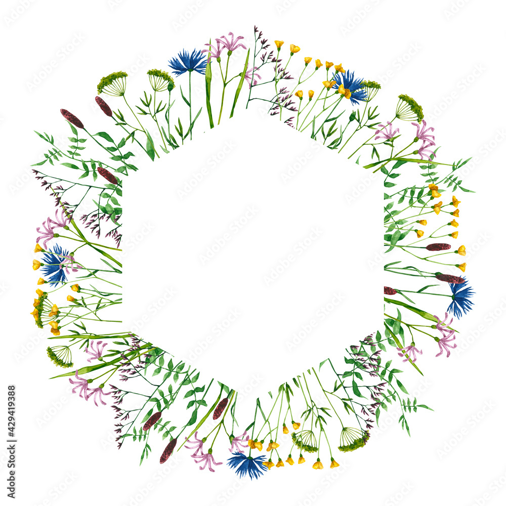 Obraz premium Geometric frame with watercolor wildflowers. Hand drawn illustration is isolated on white. Flowers border is perfect for natural design, greeting card, wedding invitation, floral logo, label