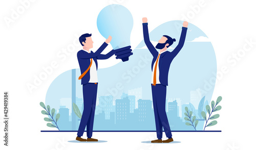 Business idea - Two businessmen with big light bulb cheering and feeling happy. Great ideas and innovative employees concept. Vector illustration with white background.