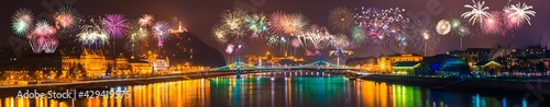 Skyline panorama of Budapest with fireworks. Hungary