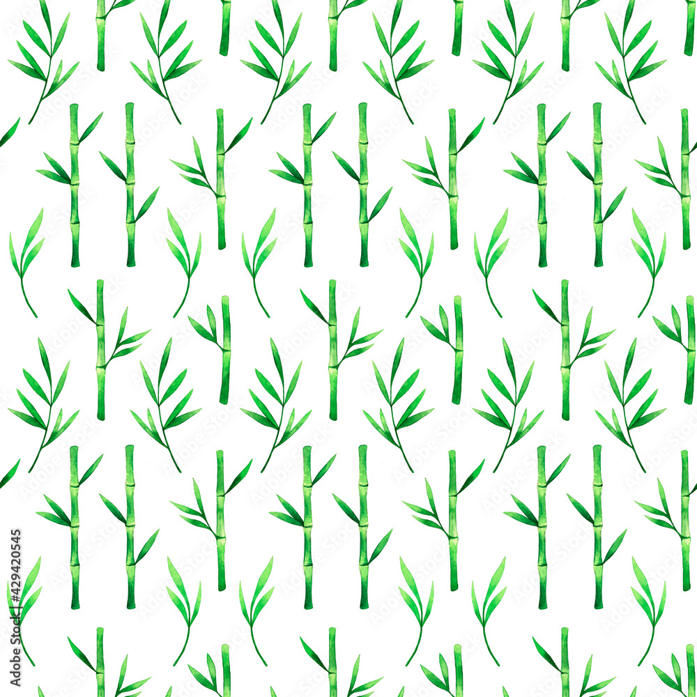 Fototapeta Bamboo watercolor hand drawn semless pattern. Branches and leaves tropics greenery