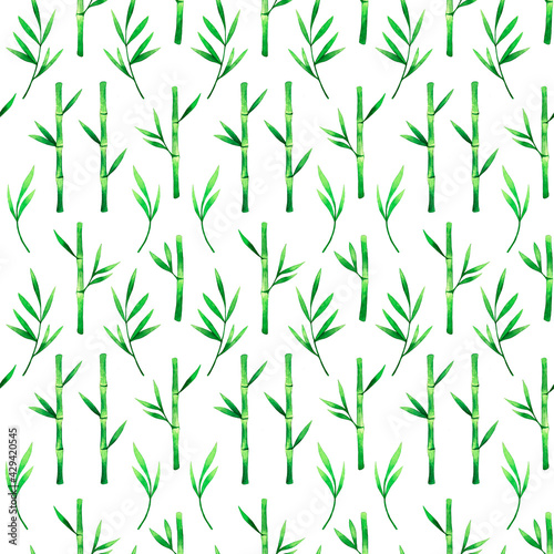 Bamboo watercolor hand drawn semless pattern. Branches and leaves tropics greenery © havroshechka