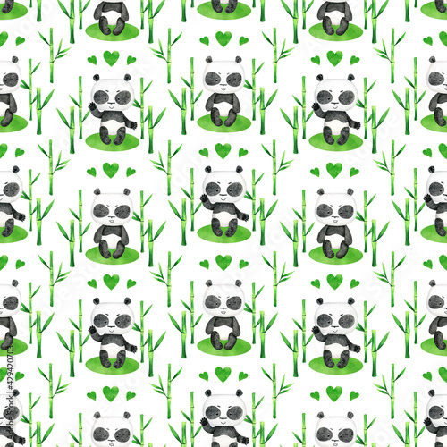 Baby panda and Green bamboo and Green heart watercolor semless pattern. Children print for sublimation