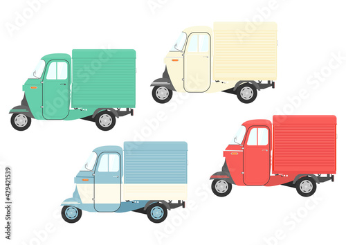 Small three wheeled vendor car. Set of four vintage auto rickshaws. Side view. Flat vector.