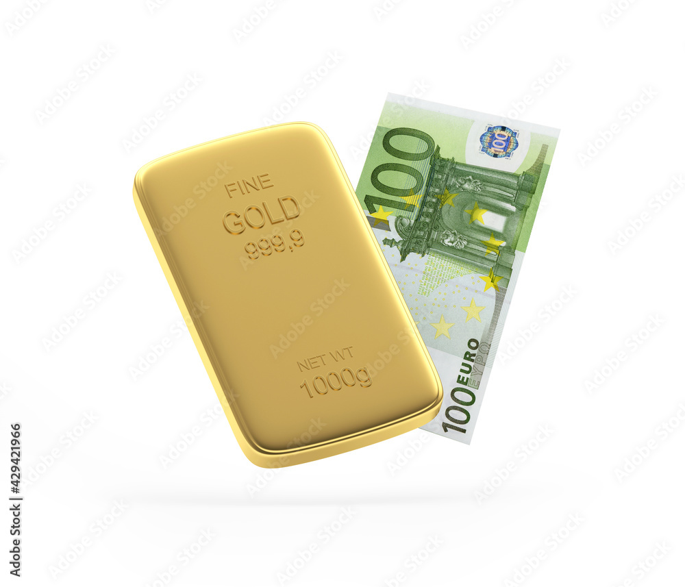 Gold bar and one hundred euro banknote isolated on white background. 3D illustration Gold bar and one hundred euro banknote isolated on white background. 3D illustration