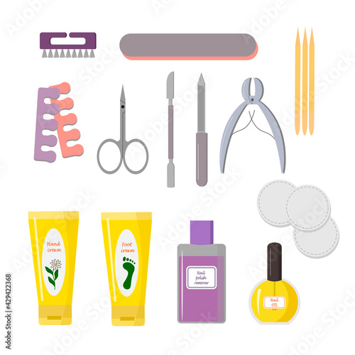 Set of tools for manicure. Nail files, hand and foot cream, oil and nail polish remover. For use in nail salon logos, flyers, icons, product packaging and various designs. Vector illustration isolated