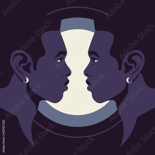 Portraits of two African guys in profile. The faces of the twin brothers on a dark background. Human head side view. Vector flat illustration