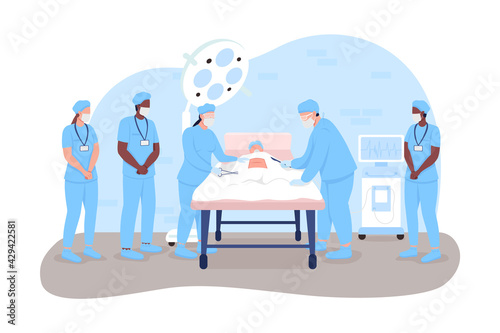 Surgical procedure 2D vector web banner, poster. Professional doctors and medical interns flat characters on cartoon background. Healthcare treatment printable patch, colorful web element